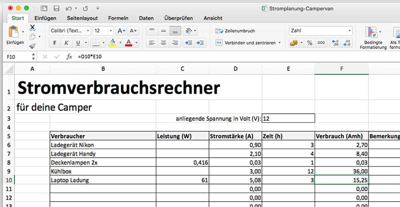 Ein einfacher Rechner in Excel zur Planung seiner Camper Elektrik